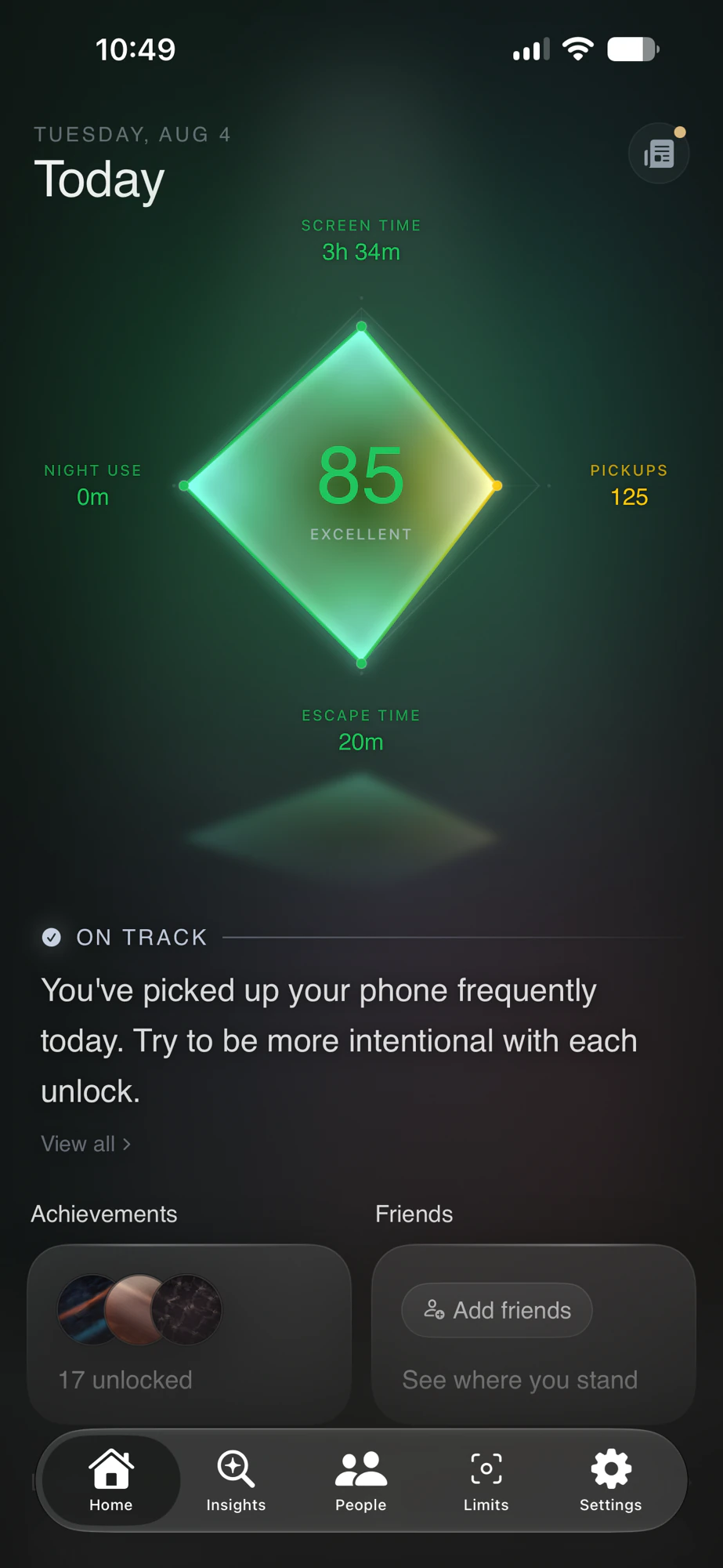 The Analog app's Today screen, showing a balance score of 85 with screen time, pickups, night use and escape time.